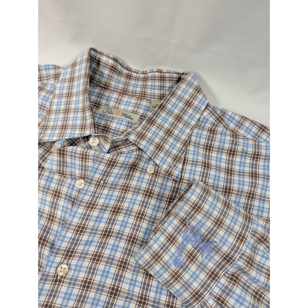 Peter Millar‎ Shirt  XXL White Blue Plaid Button Down Southern Hills Golf Course